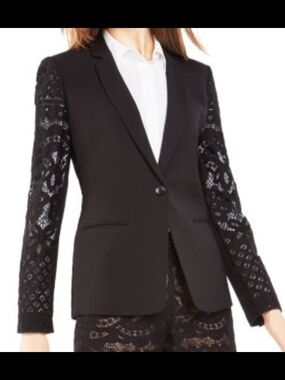 BCBGMAXAZRIA Keanu Black Lace Sleeve Blazer Jacket Single Button Black Sz Xs